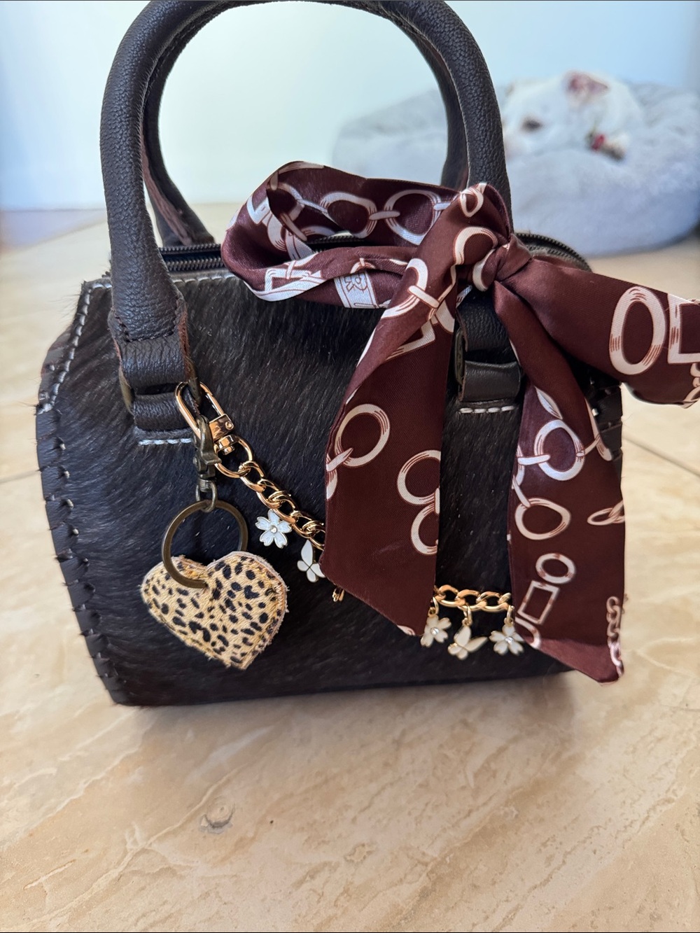 Brown Haircalf mini speedy bag with Leopard Heart Charm & Scarf